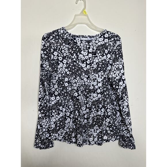 Talbots Size Medium Navy White Floral Long Sleeve Cotton Shirt Ruffle Cuff - Picture 1 of 7